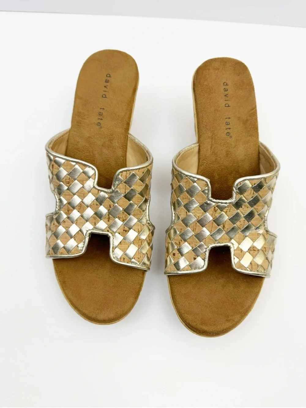David Tate Moderno Slip On Wedge Sandals Cork Platinum Nappa Size 9